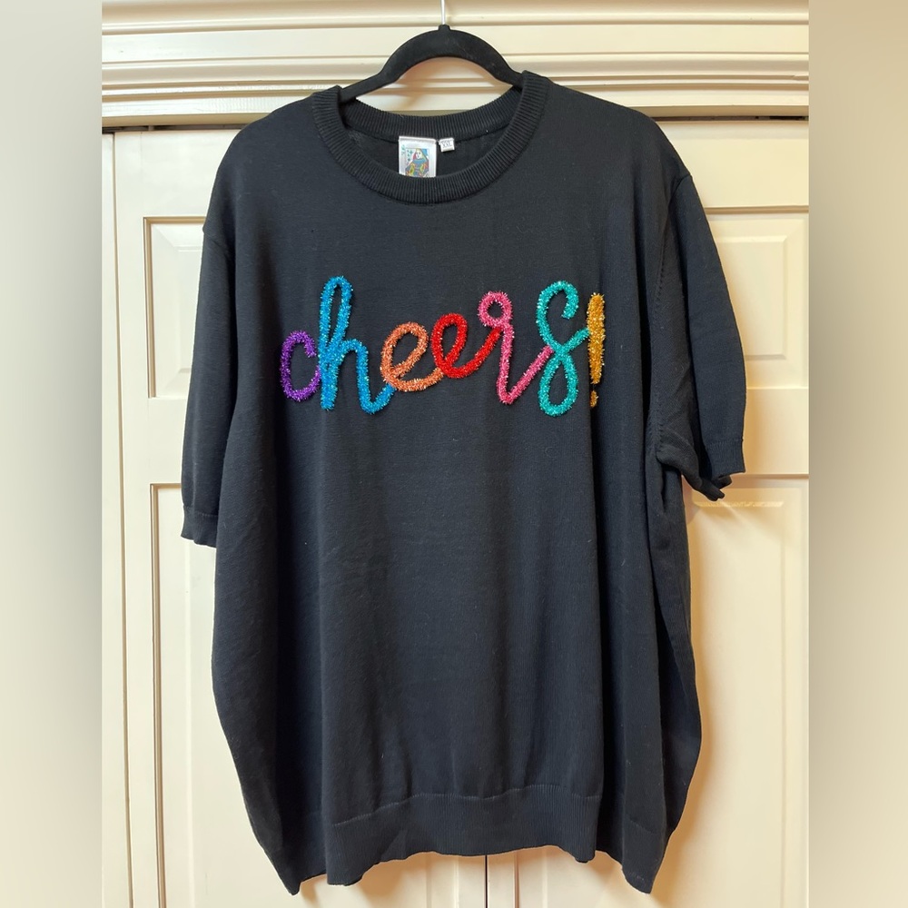 Queen of Sparkles — Black Cheers Glitter Script Short Sleeve Sweater